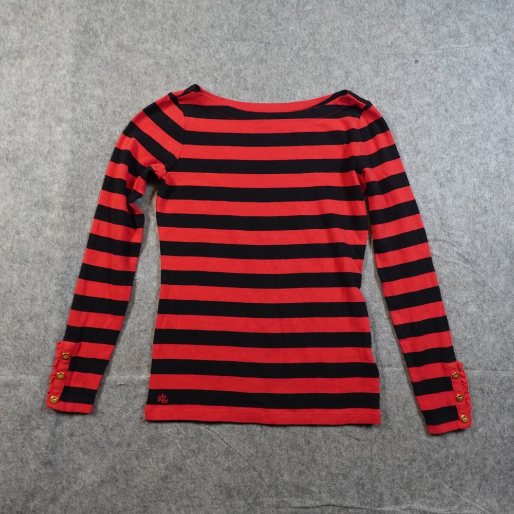 Ralph Lauren Top Womens Small Petite‎ Striped Long Sleeve Boat Neck Red Black